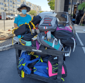 stack of backpacks